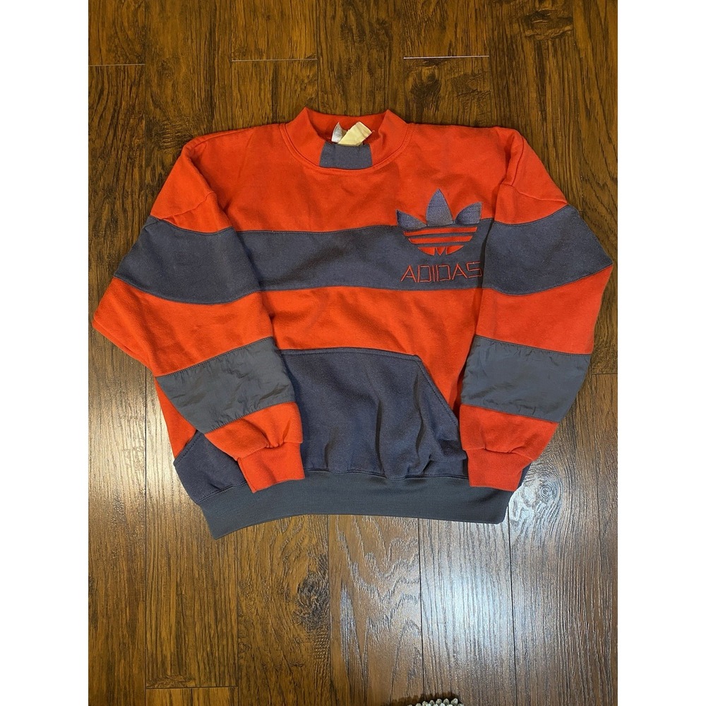 Vintage Adidas Trefoil Colorblock Sweatshirt Orange Navy 80s Mock Neck Mens L